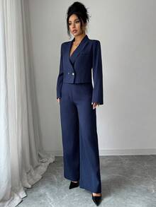 Modelyn Bộ vest sọc dọc màu xanh navy với họa tiết nút cài đặc biệt + quần sọc dọc, trang phục 2 món thanh lịch và thời trang - Màu xanh hải quân - Xem 8