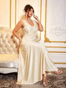 Cravure Đầm dự tiệc lưới đính cườm dài thanh lịch cổ chữ V cỡ lớn cho nữ, Đầm maxi lưới sequin tinh tế, Đầm dạ hội mùa thu cho nữ, Đầm dài thắt eo thanh lịch, tinh tế, thanh lịch - Màu be - Xem 7