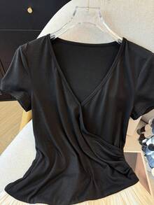 Resyla 女士优雅深V领交叉裹身撞色荷叶边短袖T恤 - 彩色 - 查看 4