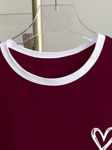 Resyla Women's Casual Handmade Beaded Heart Pattern Short Sleeve Ringer Tee, Suitable For Summer Daily Commute - Burgundy - View 3