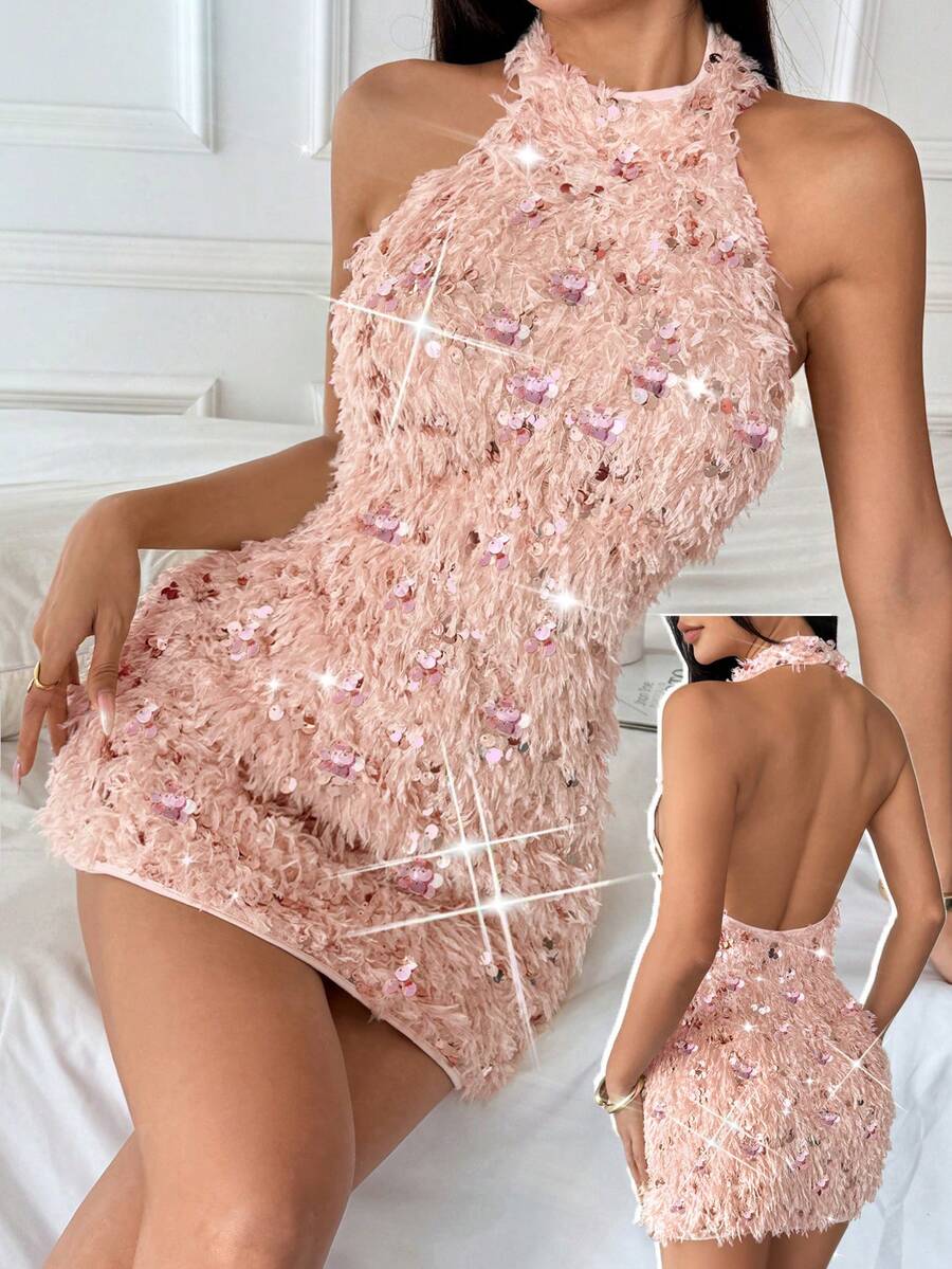 Rafferiza Apricot Sequins Halter Stretch Sexy Sleeveless Slim Women Bodycon Dress/Date/Party/Nightclub/Street /Halloween/Valentine's Day/Birthday Dress/Spring/Summer/Autumn/Winter New Short Dress Fall Clothes For Women Wedding Guest Dress Party Dresses Sequin Dress Elegant Dress Country Concert Outfit Elegant Dresses For Party Wedding Dress For Wedding Guest Halloween Christmas Winter Dress - Pink - View 1