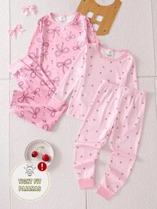 4pcs Young Girls Bow & Cherry Print Long Sleeve Top And Leggings Pajama Set - Pink - View 5