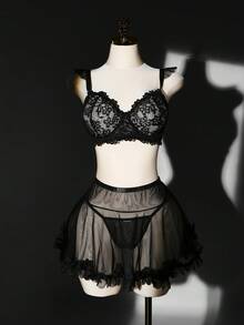 SHEIN Bộ đồ lót 3 món phối ren cỡ lớn - màu đen - Xem 4