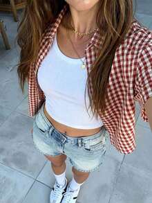 SWAVVY 1 Áo sơ mi nam Y2K vui nhộn, vừa vặn, phong cách cổ điển, dạo phố, kẻ caro cắt ngắn, mặc khi trở lại trường học, Halloween, đồ đôi - Đỏ - Xem 7