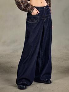 ROMWE Grunge Punk Women's Solid Color Casual Wide Leg Jeans With Dual Waistbands