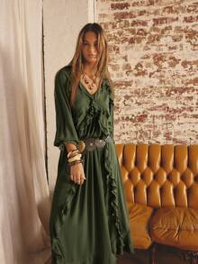 Aralina Vestido de mujer de manga farol con volantes de unicolor simple para otoño - Verde militar - Ver 10