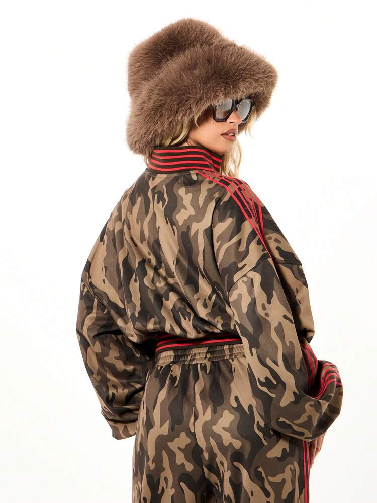 SUMWON WOMEN Oversized Camo Full Zip Track Top With Red Stripes