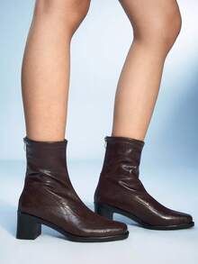 Sugerpunk Women's Fashion Simple Versatile Commute PU Leather Zip Back Chunky High Heel Ankle Boots - Brown - View 5