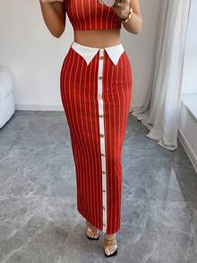 SHEIN Elenzya Vertical Striped Print Metal Single-Breasted Fitted Skirt, Elegant For Women's Party Outfit - Multicolor - View 6