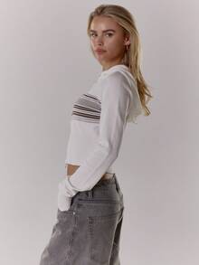 MUSERA Áo hoodie dệt kim kẻ sọc ôm sát, chỉ có áo trên, thích hợp mặc ở nhà, mùa đông, thoải mái, dự tiệc tối, thanh lịch, mùa xuân. - trắng - Xem 4