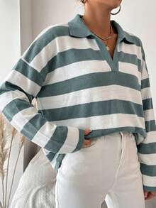 Suéter de cuello polo de hombros caídos con estampado de rayas para tallas grandes - verde menta - Ver 5