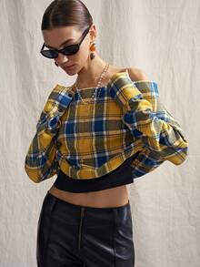 SHEIN ICON Áo sơ mi dài tay trễ vai kẻ caro ôm dáng - Nhiều màu - Xem 6