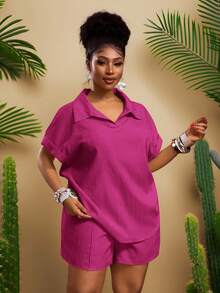 Veslaya 秋冬新品，女士秋冬服装，万圣节，音乐节，复活节，西部风，游牧风，生日派对，毕业典礼，学生装，日常休闲，度假，邮轮旅行，海滩，日光浴，潮流单品，女士大码黄色罗纹Polo领宽松短袖短裤套装，大码短裤套装 - 玫紅色 - 查看 9