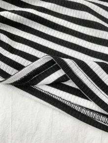 Tween Girls Black And White Striped Ribbed Knit Long Sleeve T-Shirt,2 In 1 Button Waist Ruched Crew Neck Crop Top,Casual Summer School Back-To-School - Black and White - View 6