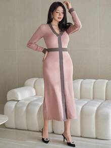 DAZY Đầm len cổ chữ V phối màu thanh lịch dành cho nữ, thích hợp cho mùa Thu/Đông. - Hồng - Xem 3