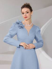 Modelyn Women's Elegant 3D Floral Decor V-Neck Dress, Autumn ,Spring Dresses For Women,Elegant Dress - Blue - View 2