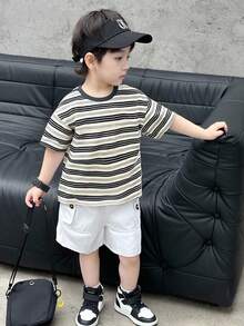 Genkimix Kids 2pcs Genkimix Young Boys Striped Print Casual Round Neck Top + Faux Pocket Decor Solid Color Casual Shorts Set - White - View 8