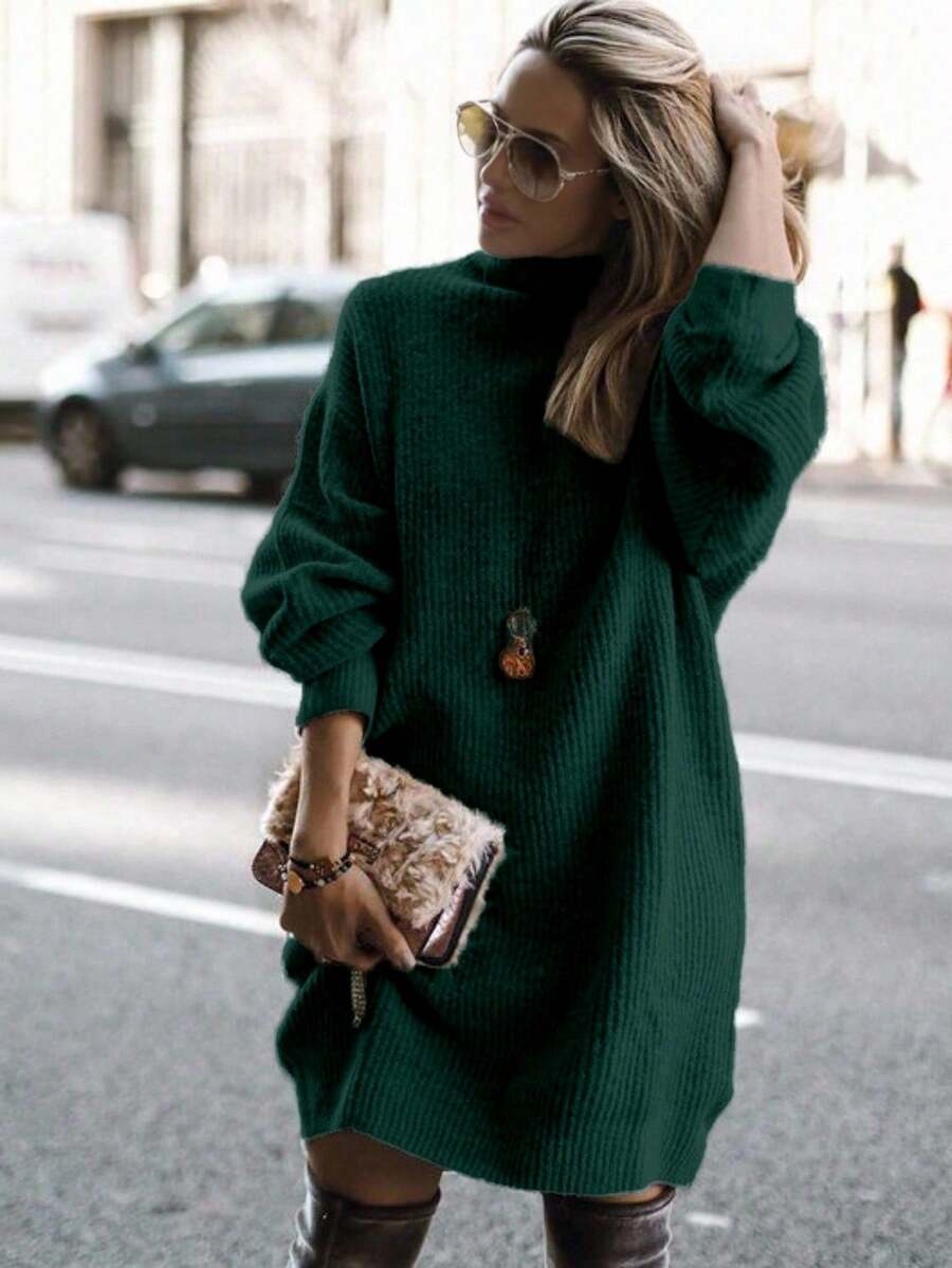 SHEIN LUNE Solid Color Loose Ribbed Knit Sweater Dress - Dark Green - View 1