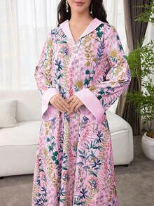 SHEIN Najma Elegant Floral Print Long Sleeve Loose Arabic Style Dress For Women - Pink - View 5