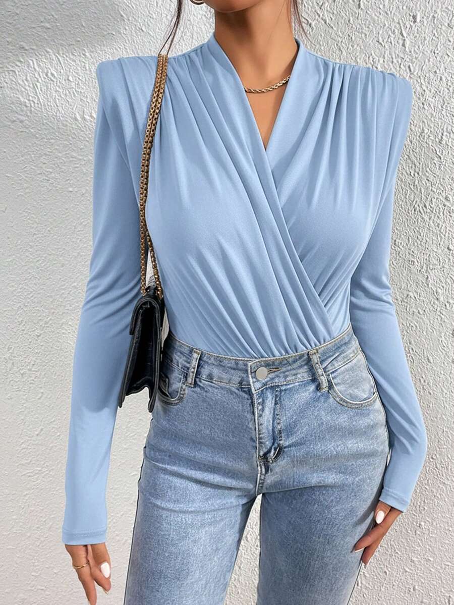 Firerie 女士优雅纯色长袖褶皱交叉连体衣，秋季款 - 淺藍色 - 查看 1