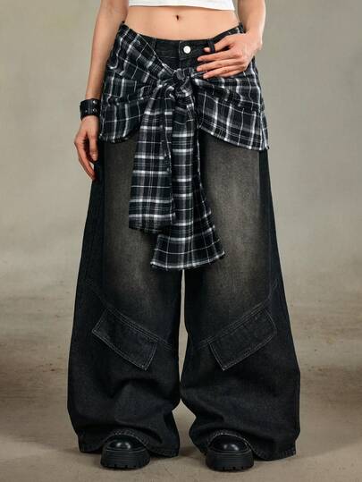 Grunge Punk Jeans de mujer con pierna acampanada a cuadros en estilo retro Y2K