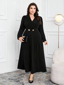 Modelyn Gaun Maxi Minimalis Elegan Ukuran Besar Warna Polos Lengan Panjang Model Silang dengan Pinggang Terikat - Hitam - View 5