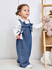SHEIN 女婴3D蝴蝶结装饰蓝色牛仔宽松连体裤 - 深色水洗藍 - 查看 4