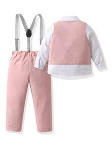 男童三件套绅士西装，包括领结、白色衬衫、酒红色马甲和可调节条纹背带裤。时尚套装，适合正式场合、派对、婚礼、万圣节、圣诞节、感恩节和休闲穿着。 - 粉色 - 查看 2