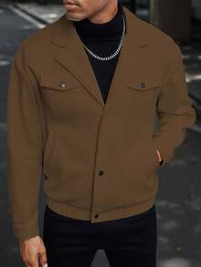 Manfinity Homme Men's Solid Color Notched Collar Drop Shoulder Long Sleeve Casual Overcoat - Coffee Brown - View 5