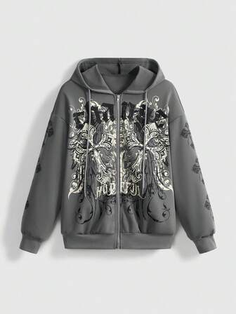 Grunge Punk Felpa oversize retrò Y2K con motivo a vite e croce in stile punk