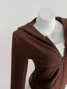 SHEIN LUNE 女士时尚休闲全拉链连帽卫衣，轻便带口袋 - 咖啡棕 - 查看 3