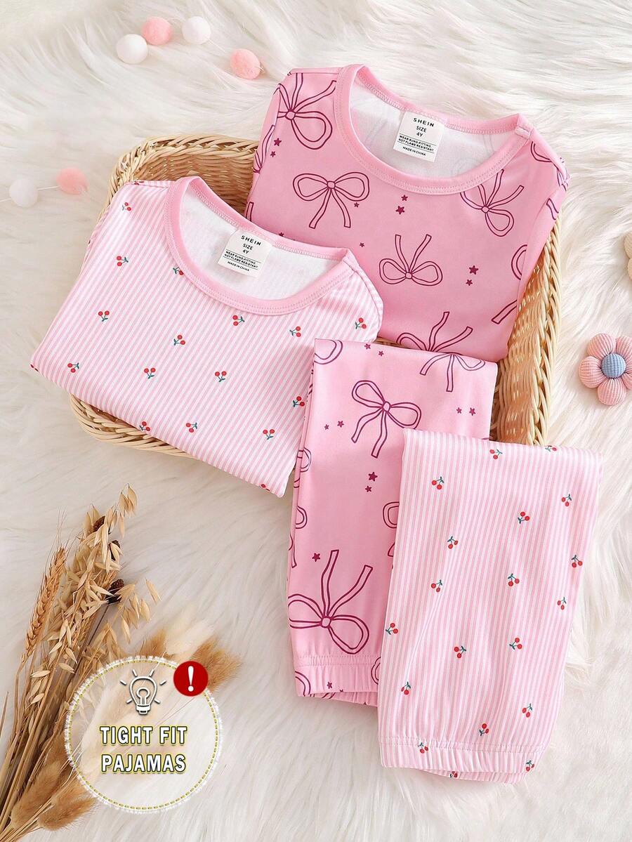 4pcs Young Girls Bow & Cherry Print Long Sleeve Top And Leggings Pajama Set - Pink - View 1