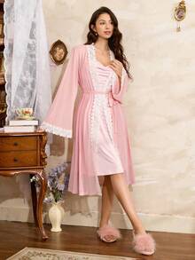 Côtesoire French Retro Elegant Dusty Pink Summer Home Pajama Set For Women, Mesh Lace Patchwork Robe And Slip Dress 2 Pieces Nightgown Nightwear - Pink - View 6