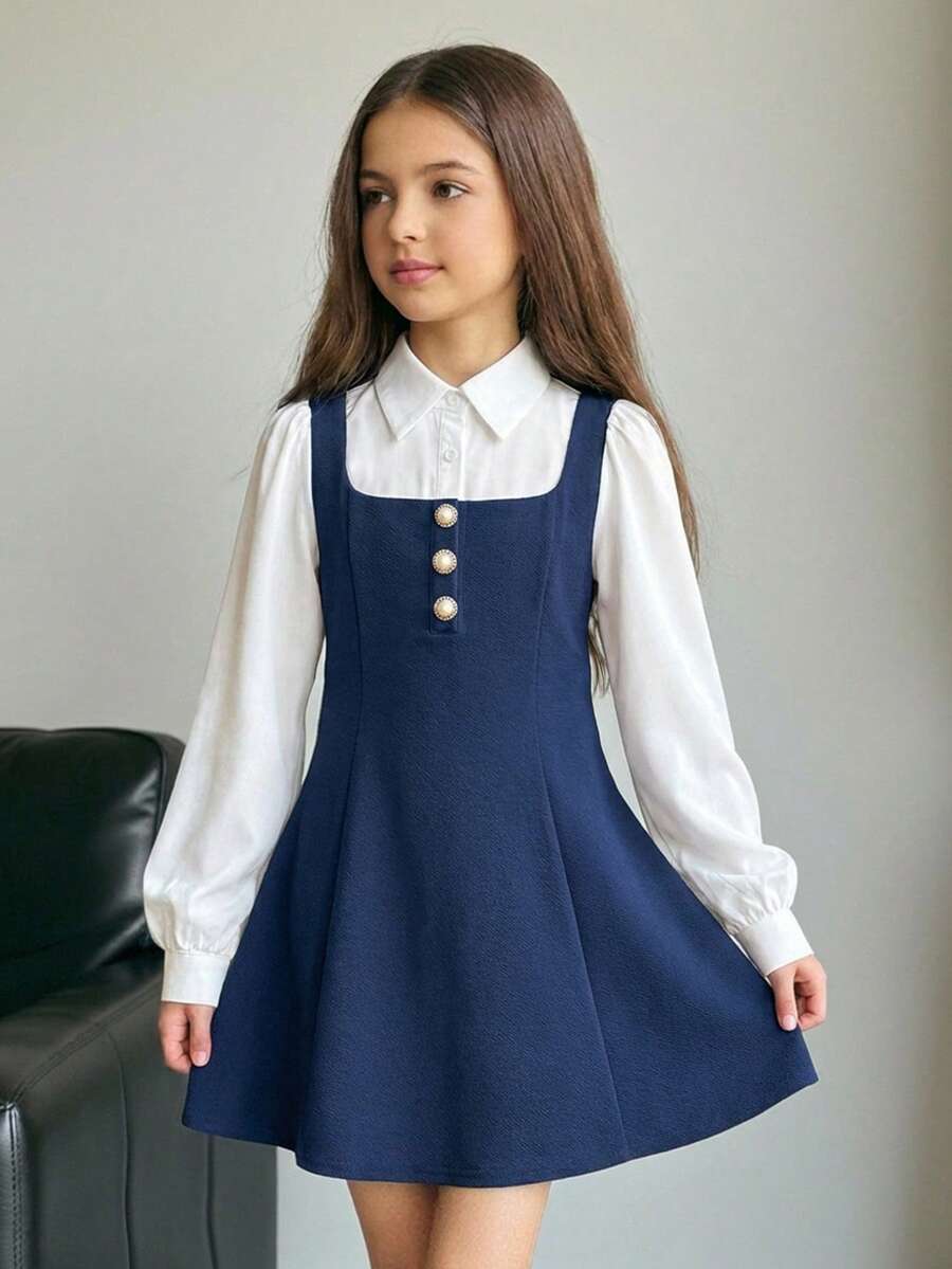 SHEIN Firerie Kids Nova Glow Tween Girls Elegant Block Turndown Collar Lantern Sleeve 2 In 1 Dress, Fall & Autumn,Back To School,Fall Dresses, Outfits, Long Sleeve Dresses Girls Navy Blue Collared Dress Girls Navy Blue School Dress School Dress Girl Teen Girl Uniform - Navy Blue - View 1