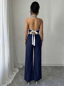 Elenzga Set de 2 piezas para mujer: Top halter de cuello con recorte de contraste y espalda descubierta, y pantalones con bolsillo - Azul Marino - Ver 3