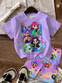 SHEIN 2件套少女休闲时尚彩色韩流女团字母星星印花圆领短袖T恤和短裤套装，适合度假、派对、日常穿着、演唱会等场合。 - 彩色 - 查看 2