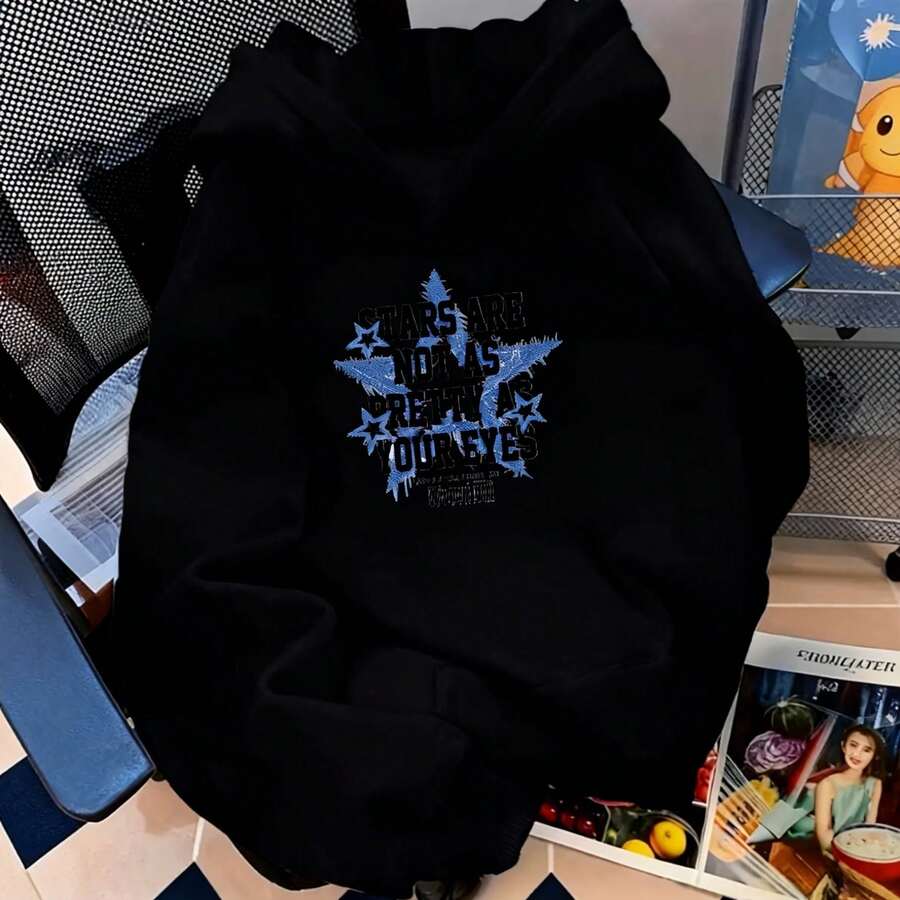Mujer sudadera casual con capucha estampado estrellas letras diseño holgado cuello redondo manga larga uso diario ocio - Negro - Ver 1