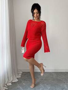 SHEIN Elenzya Women's Bright Red Autumn Chic Night Out 2-Piece Set,Hollow Out Long Sleeve Sweater & Spaghetti Strap Dress,Vintage Stockholm Style Elegant Outfit - Red - View 6