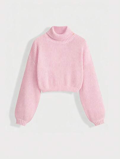 pull tricoté casual à col roulé côtelé, manches longues et épaules tombantes, couleur unie