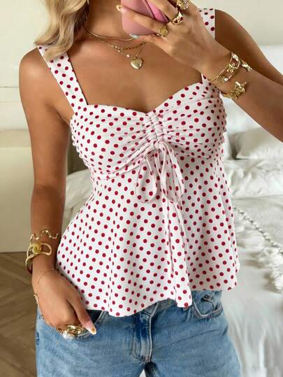 CovetEZ Women's 2026 Spring/Summer New Arrival: Red Polka Dot Sweet And Cute Casual Everyday Versatile Women's Ruffled Drawstring Top,Tank Top