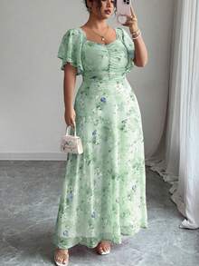 Modelyn Women's Chiffon Butterfly Print Batwing Sleeve Pleated Sweet French Style Summer Dress - Green - View 2