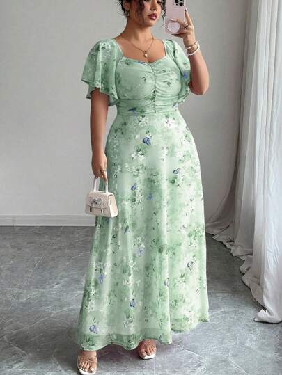 Modelyn Women's Chiffon Butterfly Print Batwing Sleeve Pleated Sweet French Style Summer Dress