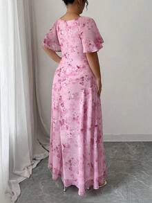 Modelyn Women's Chiffon Butterfly Printed Batwing Short Sleeve Pleated Sweet French Style Summer Dress - Pink - View 3