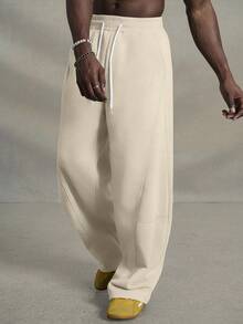 PAVTROS Men's Solid Color Drawstring Waist Pocket Casual Wide Leg Sweatpants - Khaki - View 5