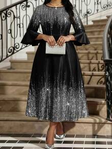 SHEIN Lady 大码圆领插肩喇叭袖收腰优雅连衣裙 - 彩色 - 查看 5