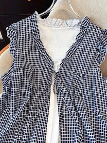 GlowEve CURVE Áo sơ mi không tay buộc dây 2 trong 1 kiểu chắp vá mới, cỡ lớn. - Màu xanh lam - Xem 3