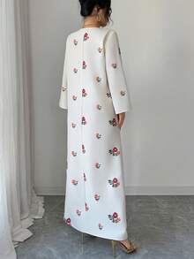 Yasmyna Women's Elegant Floral Print V-Neck Patchwork Lace Sequin Applique Flare Sleeve Loose Arabic Abaya Robe Dress Modest Caftan Dress - White - View 2