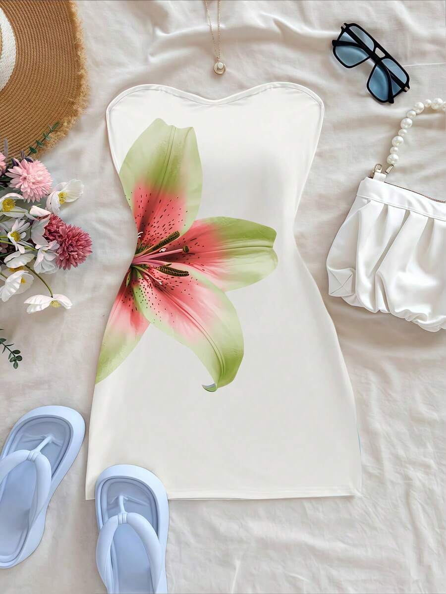 EMERY ROSE 女士碎花抹胸迷你连衣裙，休闲夏季度假装 - 白色 - 查看 1