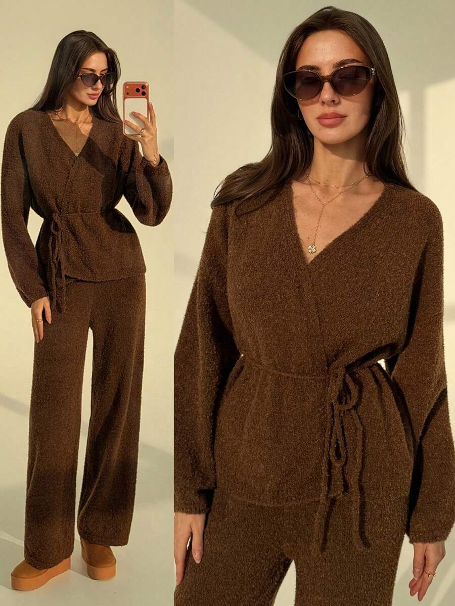 Aloruh 简约通勤咖啡色系带泡泡袖开衫+阔腿针织裤休闲套装，适合秋冬季办公室穿着。 - 咖啡棕 - 查看 1