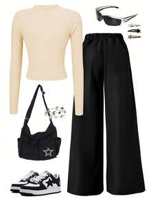 Sparklyn 两件套休闲少女套装 - 白色星星印花T恤+裤子，银色装饰线条，夜光效果，适合散步、购物、上学穿着，可搭配外套或背心 - 卡其色 - 查看 2